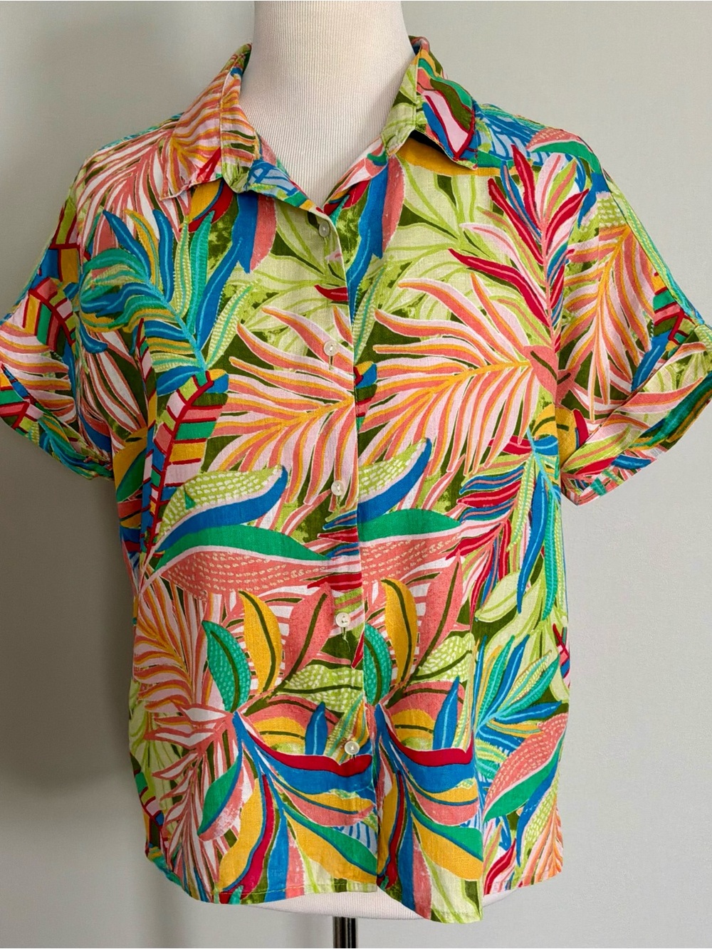 C&C California Linen Tropical Leaf Print Button Up Camp Shirt Women's Size M